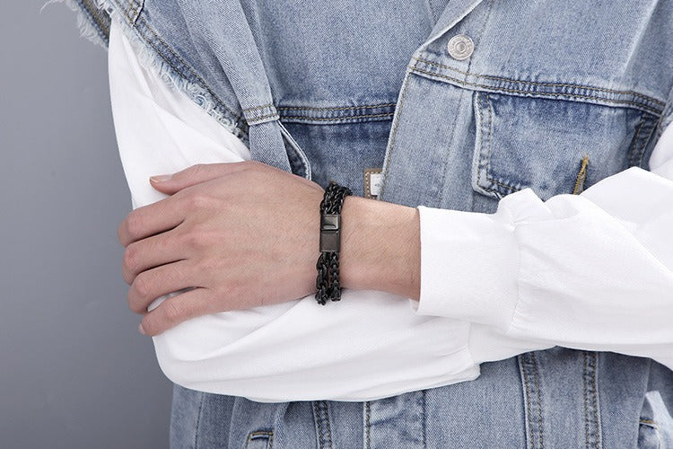 Kemstone Double Layer Chain Bracelet – 13mm Stainless Steel Punk Biker Jewelry for Men | KB91534-BD