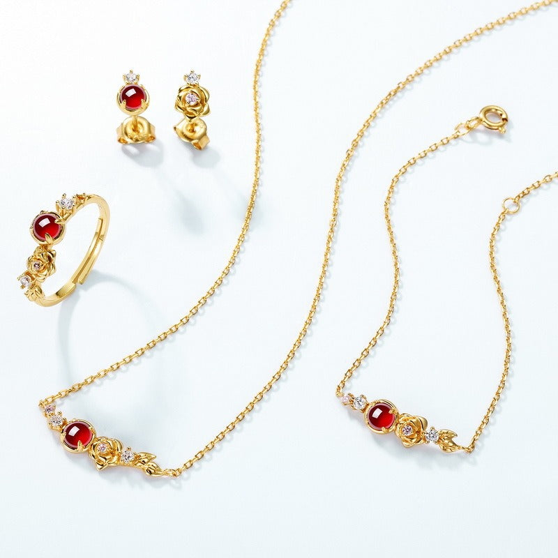 Pendientes minimalistas de rosa de granate, hechos a mano por Kemstone, con diseño original - Delicado diseño moderno de plata S925 bañado en oro