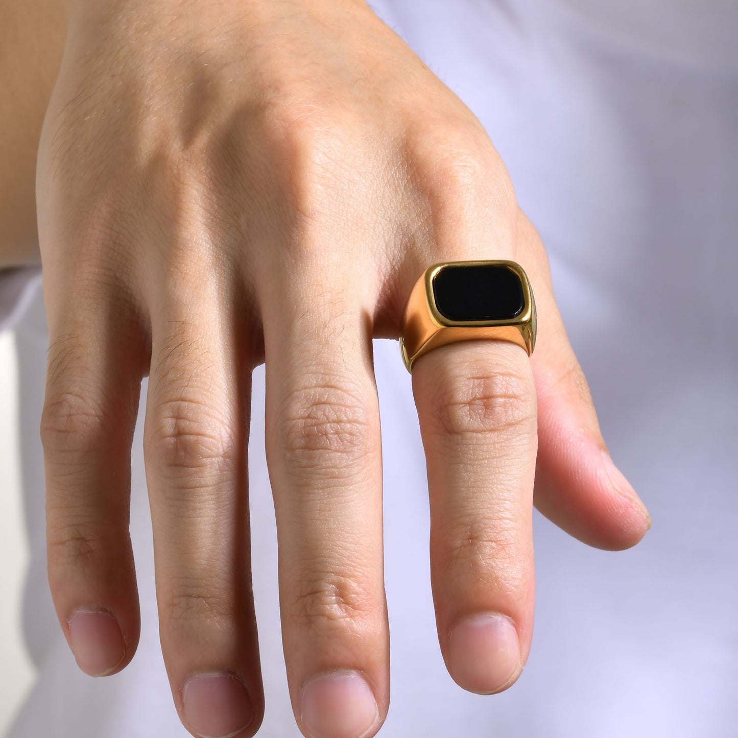 Kemstone Gold Stainless Steel Signet Ring for Men – Rectangle Black Stone Gothic Statement RC-619