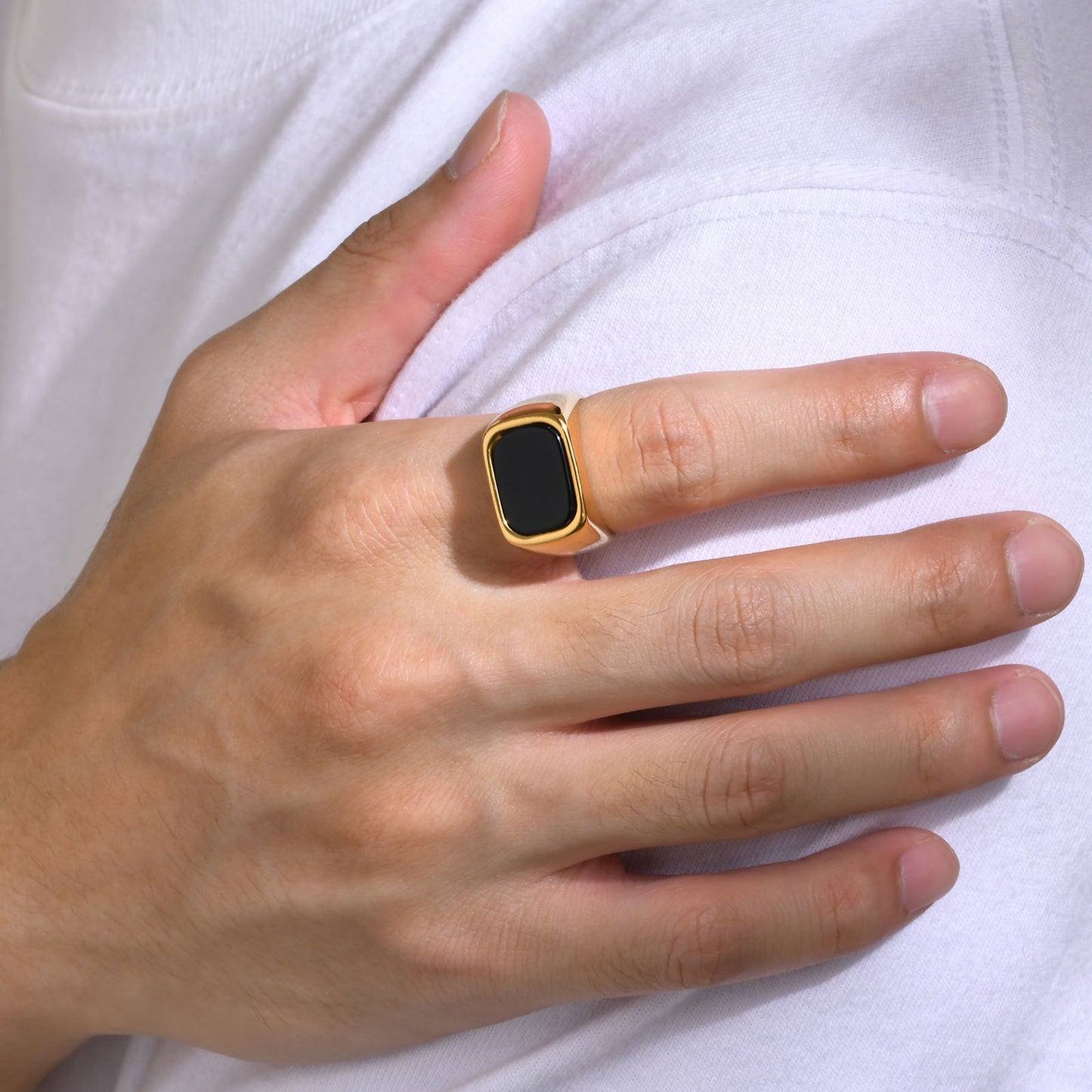 Kemstone Gold Stainless Steel Signet Ring for Men – Rectangle Black Stone Gothic Statement RC-619