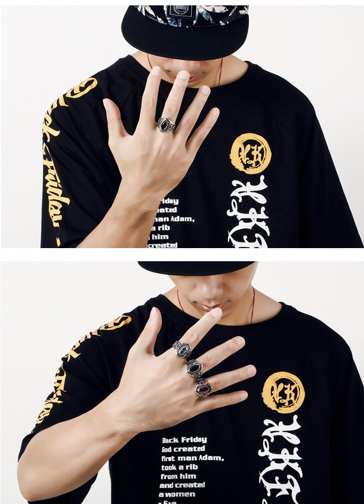 Kemstone Gothic Stainless Steel Signet Ring – Ornate Crystal Inlay Red Black White KR82457