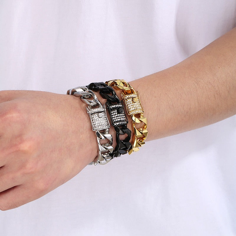 Kemstone Iced Out Cuban Link Bracelet for Men – Stainless Steel Dragon Buckle Hip Hop Punk KB186442-Z