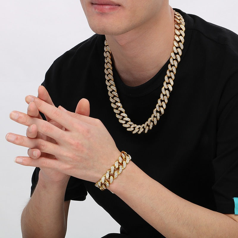 Kemstone Iced Out Cuban Link Chain & Bracelet – Heavy-Duty Titanium Steel Hip-Hop Jewelry KB170711
