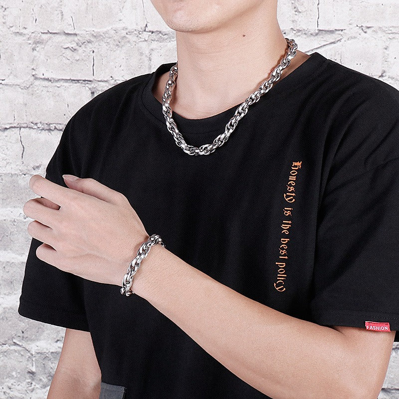 Kemstone Dual-Clasp O-Chain Set – Textured Stainless Steel Necklace & Bracelet for Men KB80794-Z