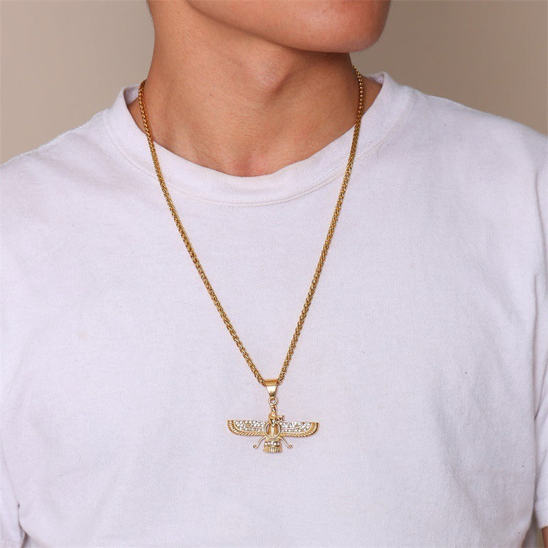 Kemstone Faravahar Titanium Steel Pendant Necklace – Zoroastrian Symbol with Crystal Accents PN1202