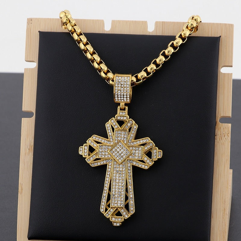 Kemstone Titanium Steel Gold Dual Cross Pendant Necklace – Hip Hop Cubic Zirconia Hollow Design KP130467