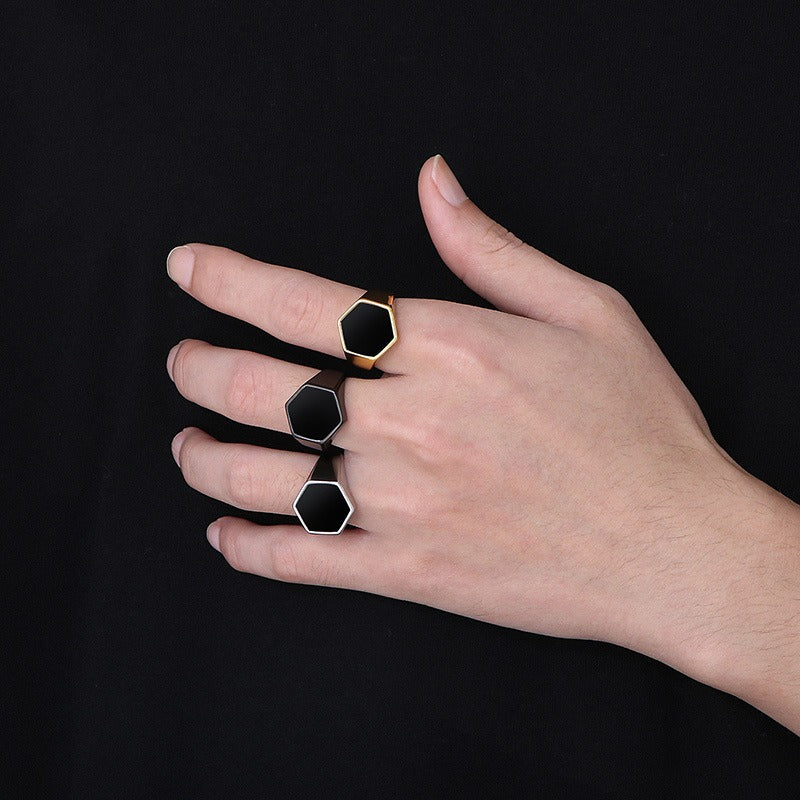 Kemstone Men’s Hexagon Signet Ring – Stainless Steel Black Epoxy Resin Inlay | Gothic Minimalist Jewelry KR105856-KFC