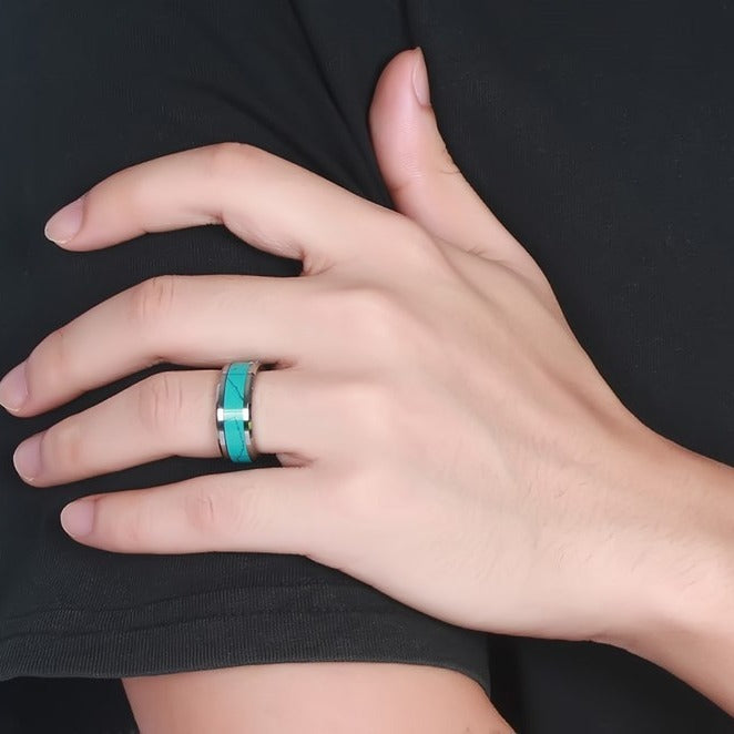 Kemstone Men’s Turquoise Inlay Tungsten Carbide Flat-Edge Ring TCR-023