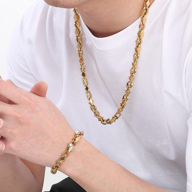 Kemstone Steel Link Jewelry Set – Men’s Hip-Hop Chain Necklace & Bracelet with Geometric Links