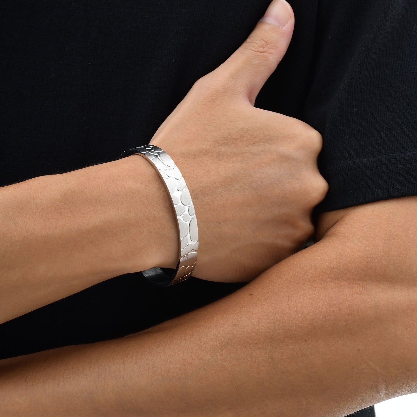 Kemstone Men’s Stainless Steel Cuff Bracelet – Silver Textured Open Bangle B-735