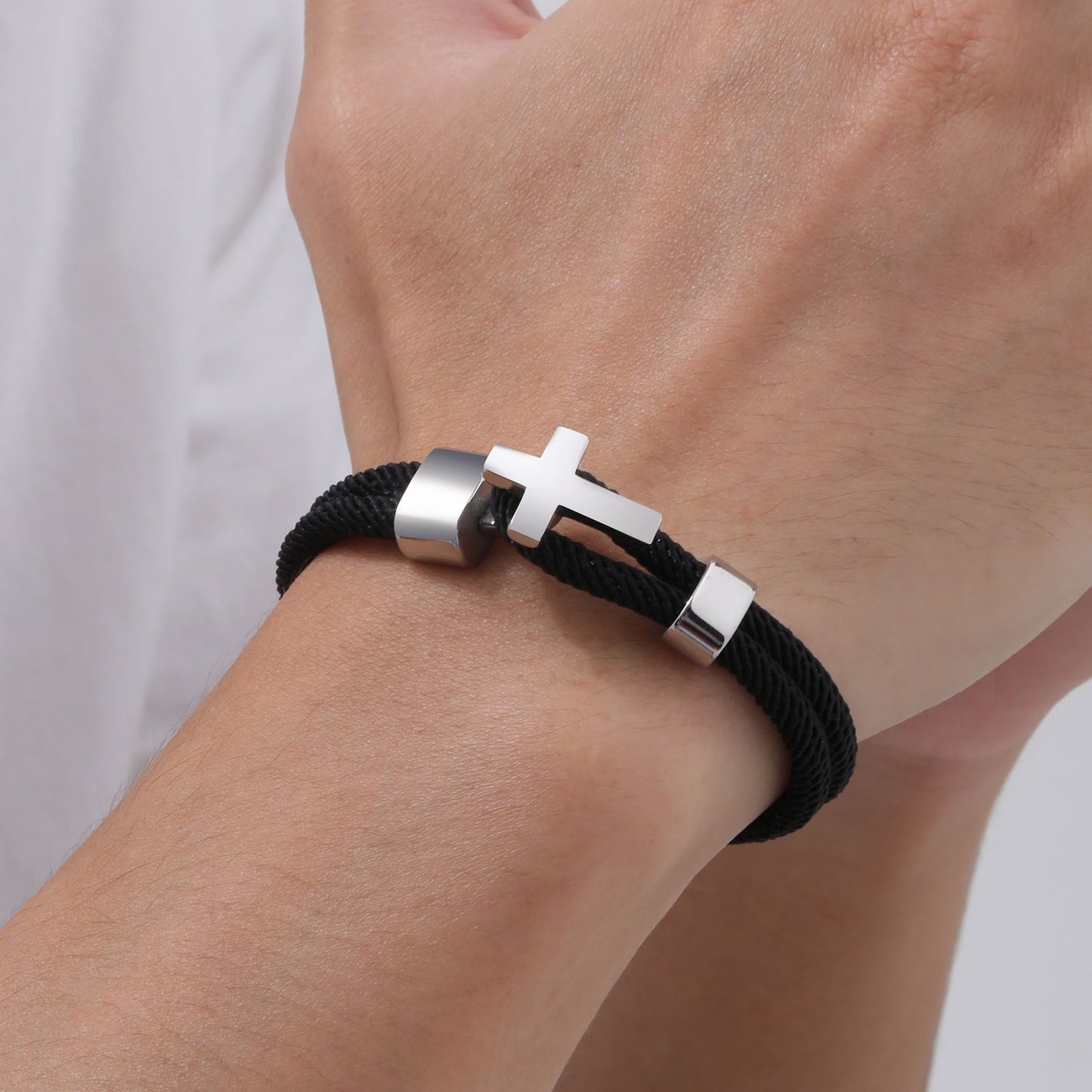 Kemstone Men’s Stainless Steel Cross Bracelet – Black Milan Rope BL-769