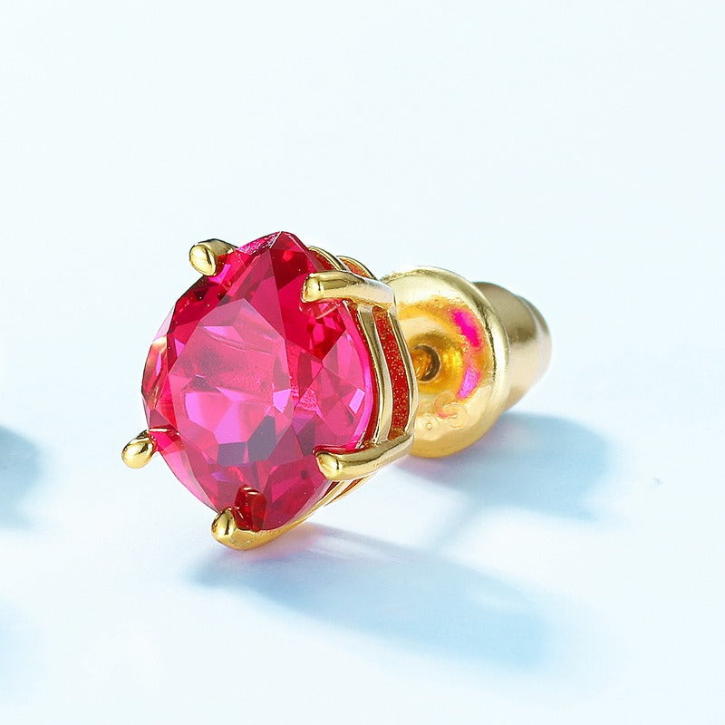 Orecchini a bottone in rubino di laboratorio, geometrici, minimalisti e dal design originale, realizzati a mano da Kemstone - Gioielli in argento Sterling S925 placcato oro 10K per donna