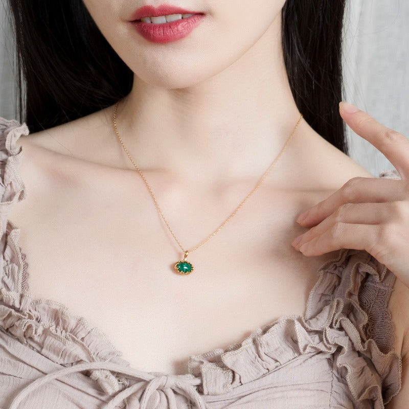 Collar con colgante vintage de malaquita y cristal blanco, diseño original artesanal de Kemstone - Joyería geométrica ovalada de plata de ley S925 de 45,7 cm