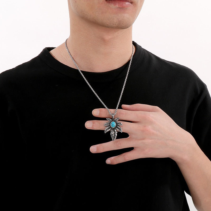 Colgante vintage de hoja de arce botánica Kemstone - Collar de acero inoxidable estilo punk para hombre con incrustaciones de turquesa KP130912