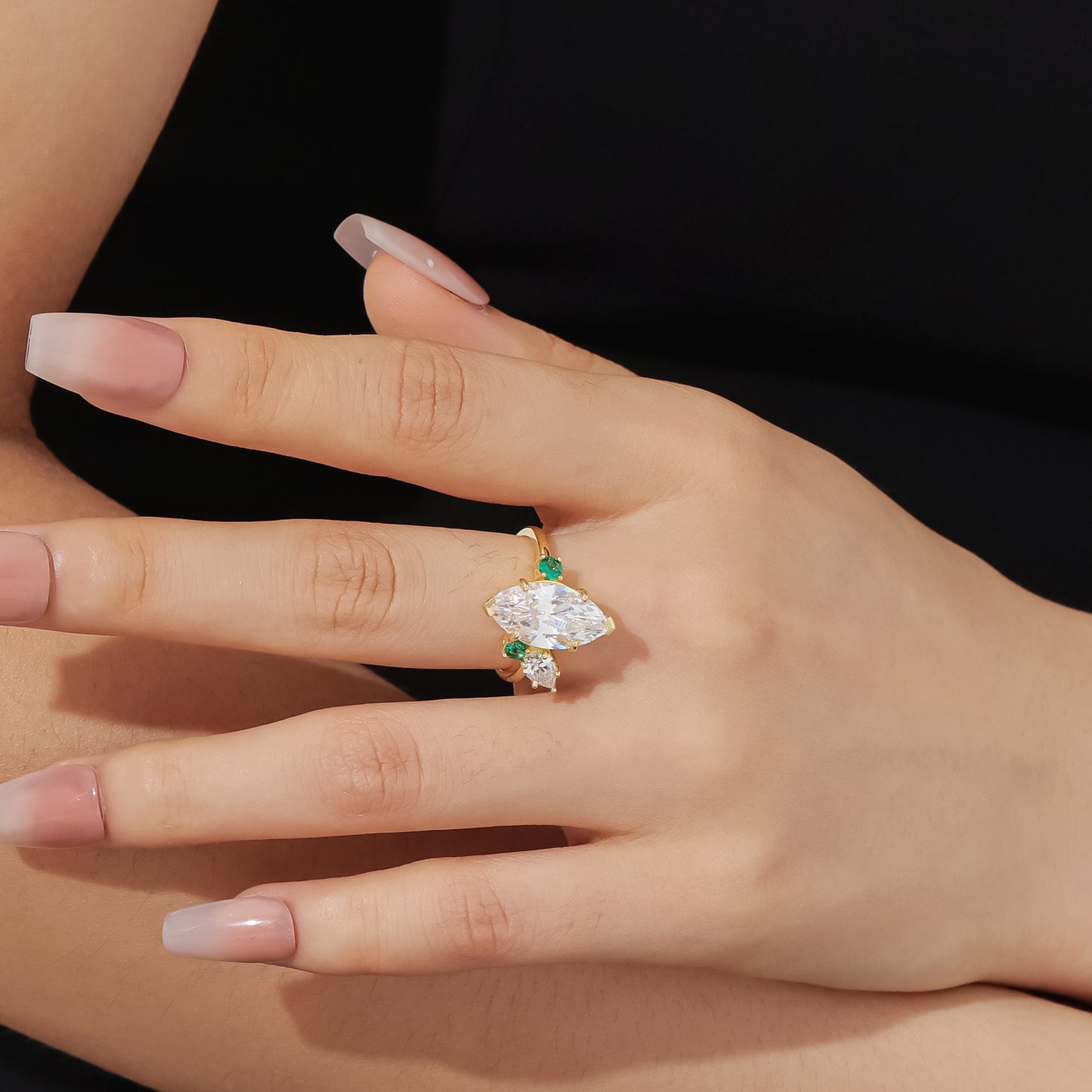 Kemstone 3-Carat Marquise Moissanite Ring – Asymmetric Design, 925 Sterling Silver Gold Plated T7-OL1143R