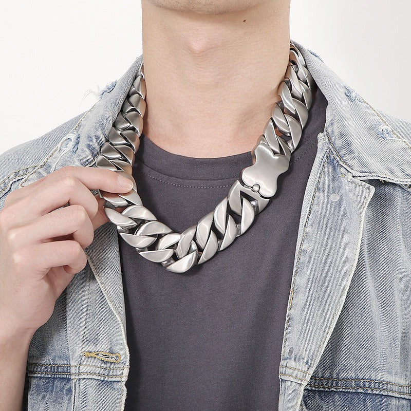 Kemstone Stainless Steel Cuban Chain Necklace with Bone Clasp – Thick Matte Finish KN1196452-KJX