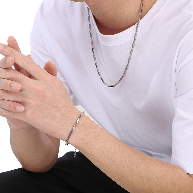 Kemstone Men’s Bamboo Link Chain Bracelet & Necklace – Stainless Steel Hip-Hop Jewelry KS223833-Z