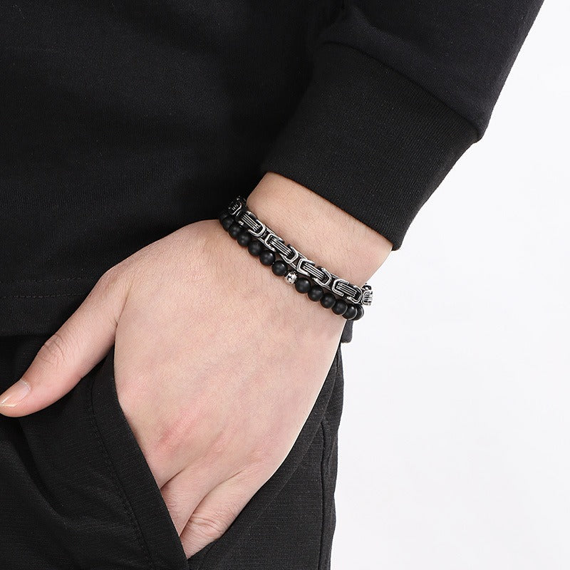 Kemstone Double Chain Bracelet for Men – Stainless Steel & Black Agate Beads, Viking Punk Style