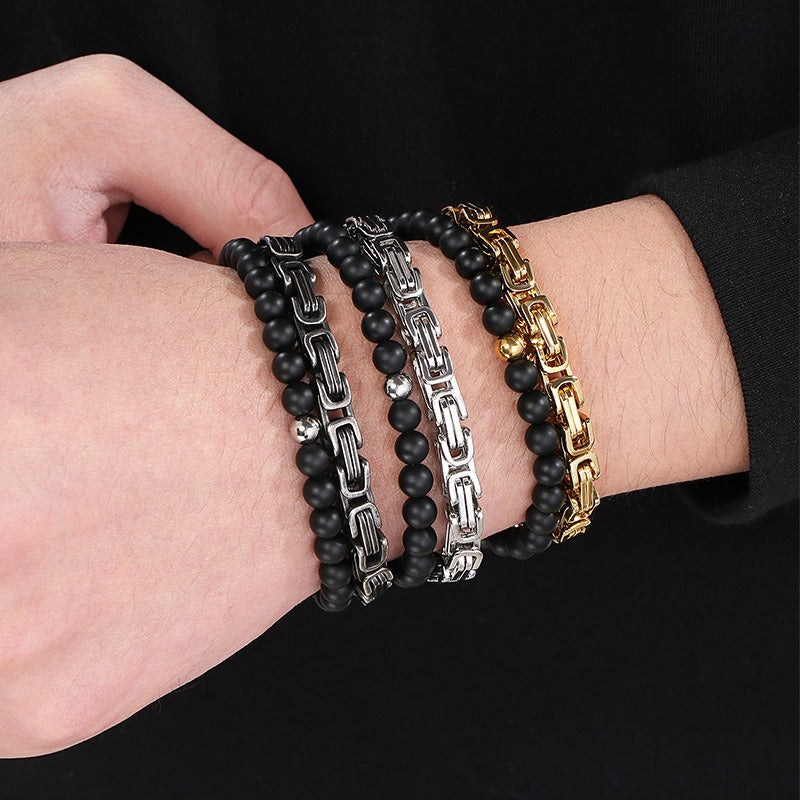 Kemstone Double Chain Bracelet for Men – Stainless Steel & Black Agate Beads, Viking Punk Style