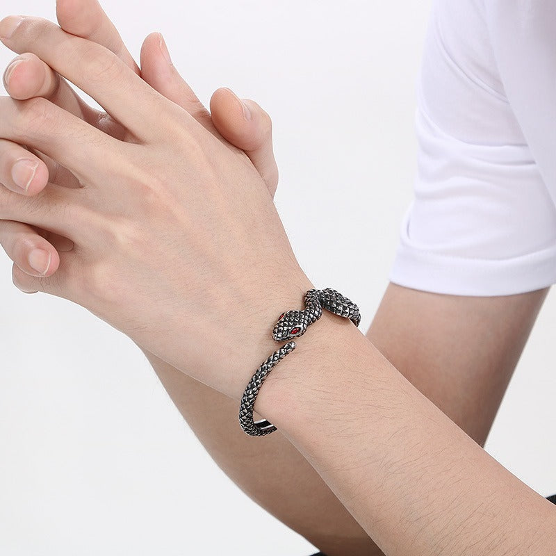 Kemstone Men’s Snake Bracelet – Punk Gothic Stainless Steel Cuff with Red/Green Eyes Norse-Inspired KB148287