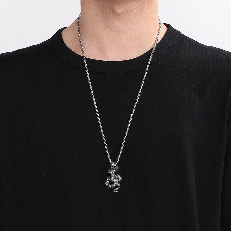 Kemstone Men’s Snake Pendant Necklace – Stainless Steel Gothic Punk Amulet, Norse Dark Jewelry KP55376-BD