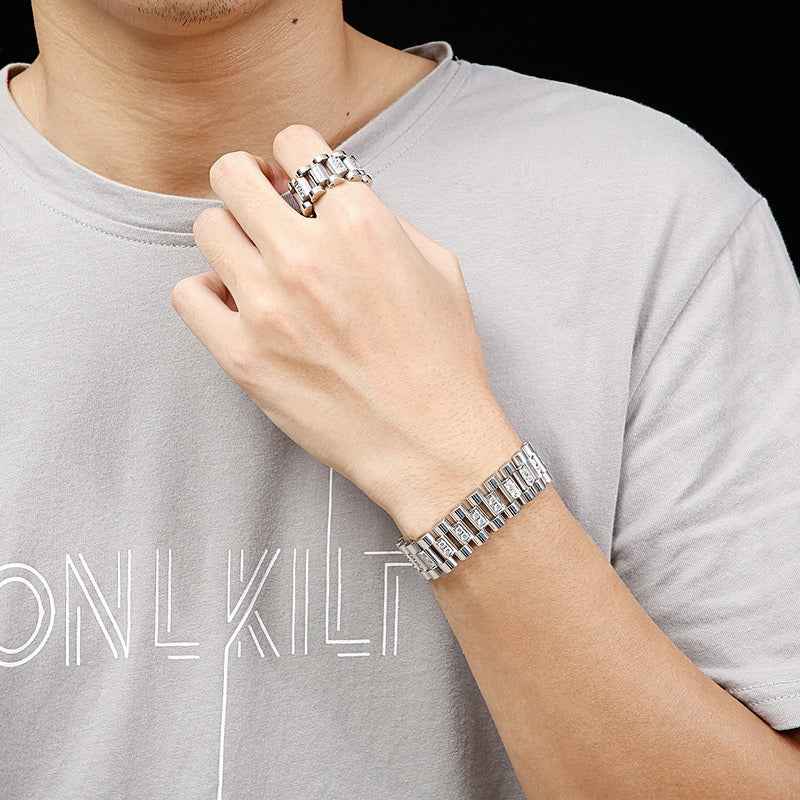 Kemstone Men’s Stainless Steel Zircon Watch Chain & Ring Set – 220mm Bracelet, 13mm Ring KB61656-K