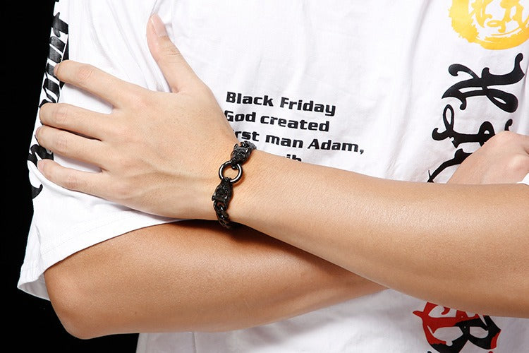 Set di catene in acciaio da uomo Kemstone - Bracciale e collana con testa di lupo per stile punk KB133023
