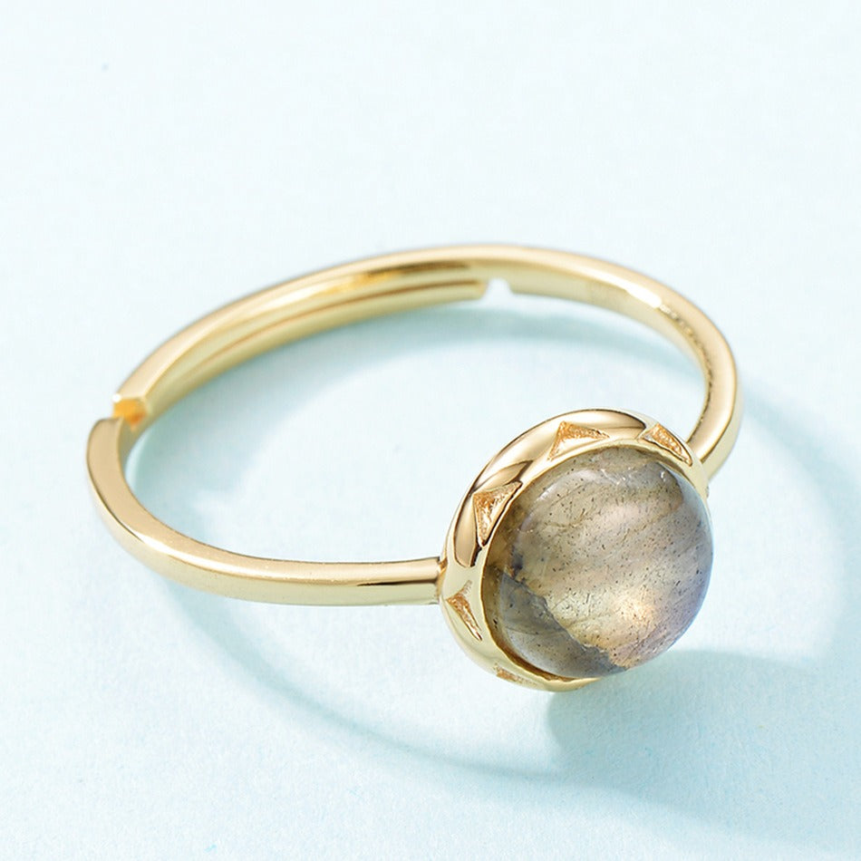 Anillo minimalista de labradorita azul, diseño original artesanal de Kemstone - Plata S925 ajustable con baño de oro de 9 quilates
