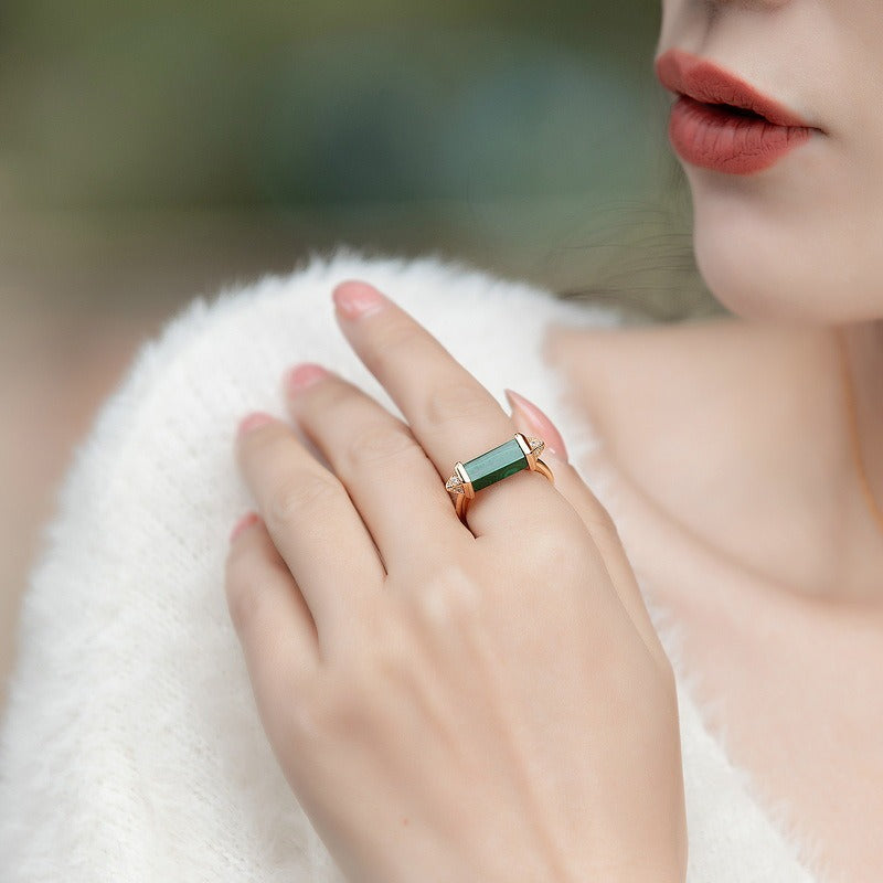 Anillo de malaquita y diamantes geométrico moderno, diseño original artesanal de Kemstone - Ajustable, plata S925, chapado en oro