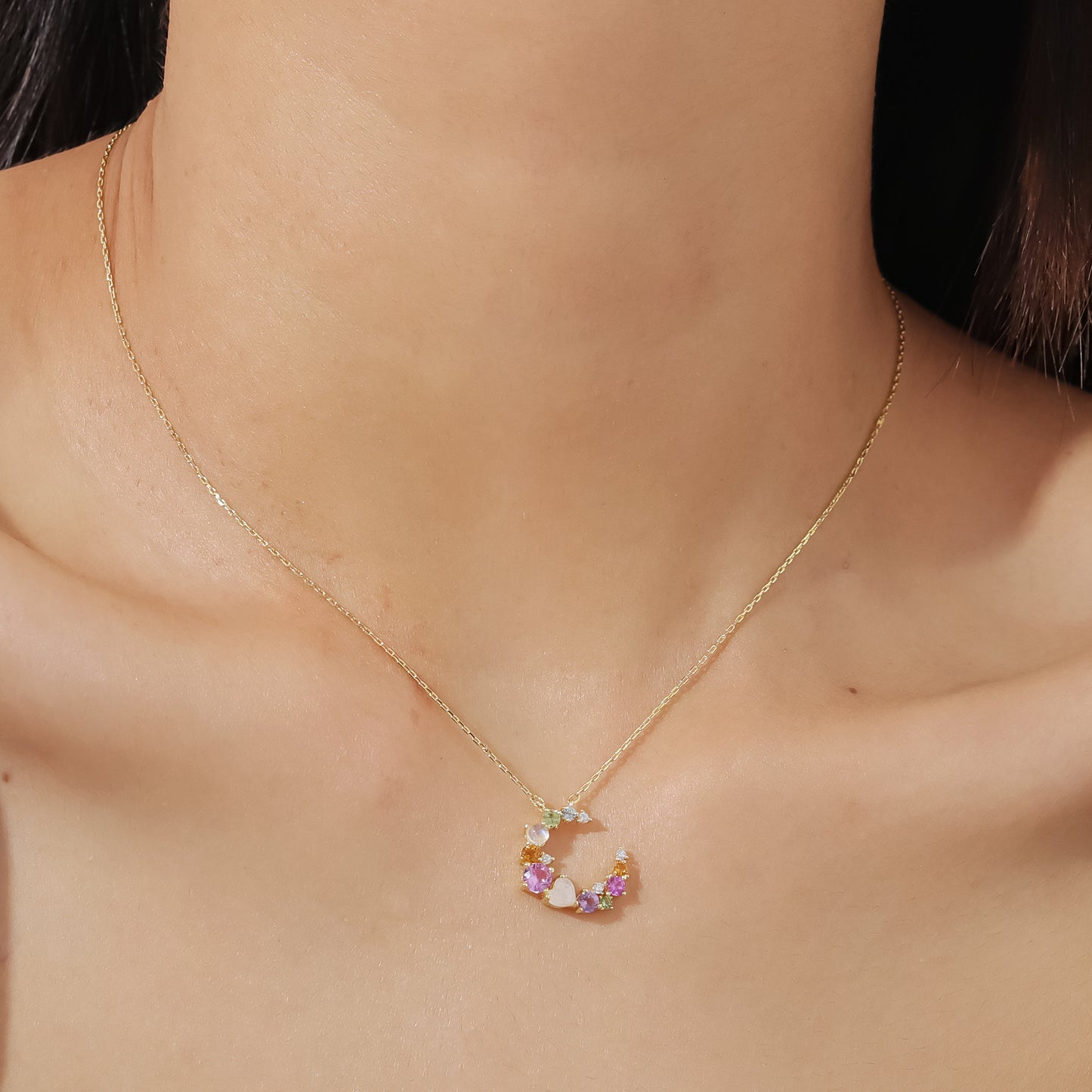 Kemstone Moonlight Sonata Necklace – 925 Sterling Silver Gold-Plated Crescent Pendant with Natural Multicolor Gemstones T7-OL1671NGRM