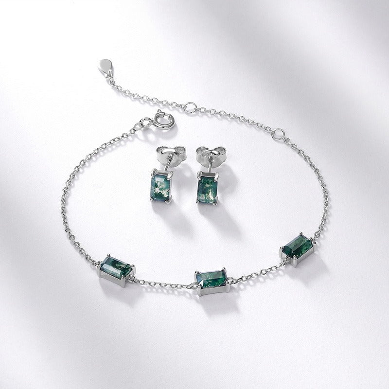 Pendientes de ágata musgosa de diseño original hechos a mano por Kemstone - Diseño geométrico, pendientes de botón de plata de ley S925 para mujer