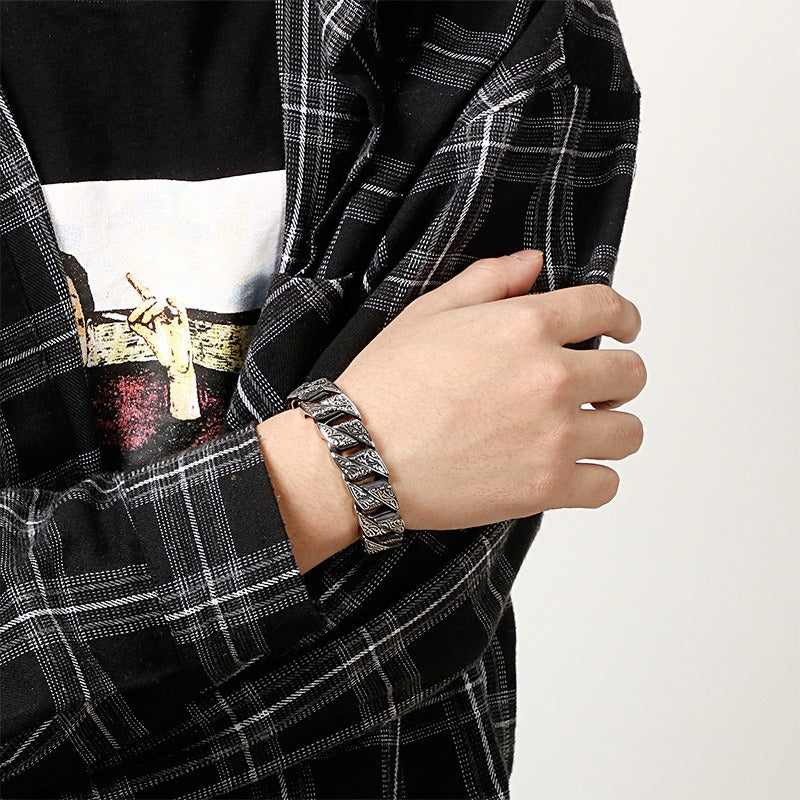 Kemstone Nordic Patterned Curb Chain Bracelet – Heavy 316L Stainless Steel Men’s Gothic Jewelry KB128122