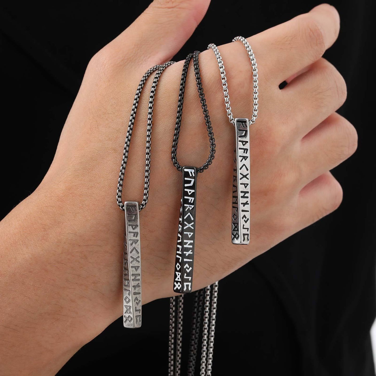 Kemstone Nordic Rune Bar Necklace – Stainless Steel Viking Pendant, Elder Futhark Engraving NC-1383