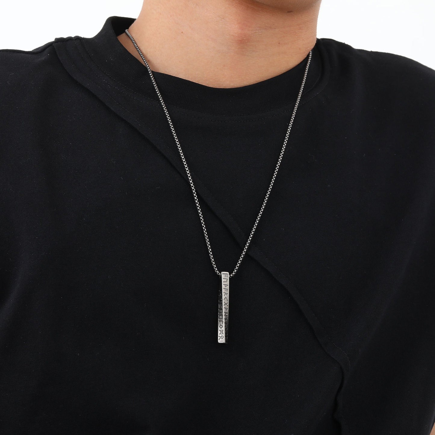 Kemstone Nordic Rune Bar Necklace – Stainless Steel Viking Pendant, Elder Futhark Engraving NC-1383