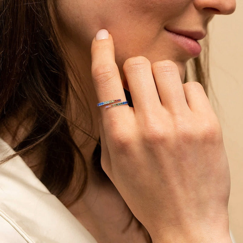 Anillo arcoíris geométrico minimalista de diseño original hecho a mano por Kemstone - Ajustable - Plata S925 - Platino