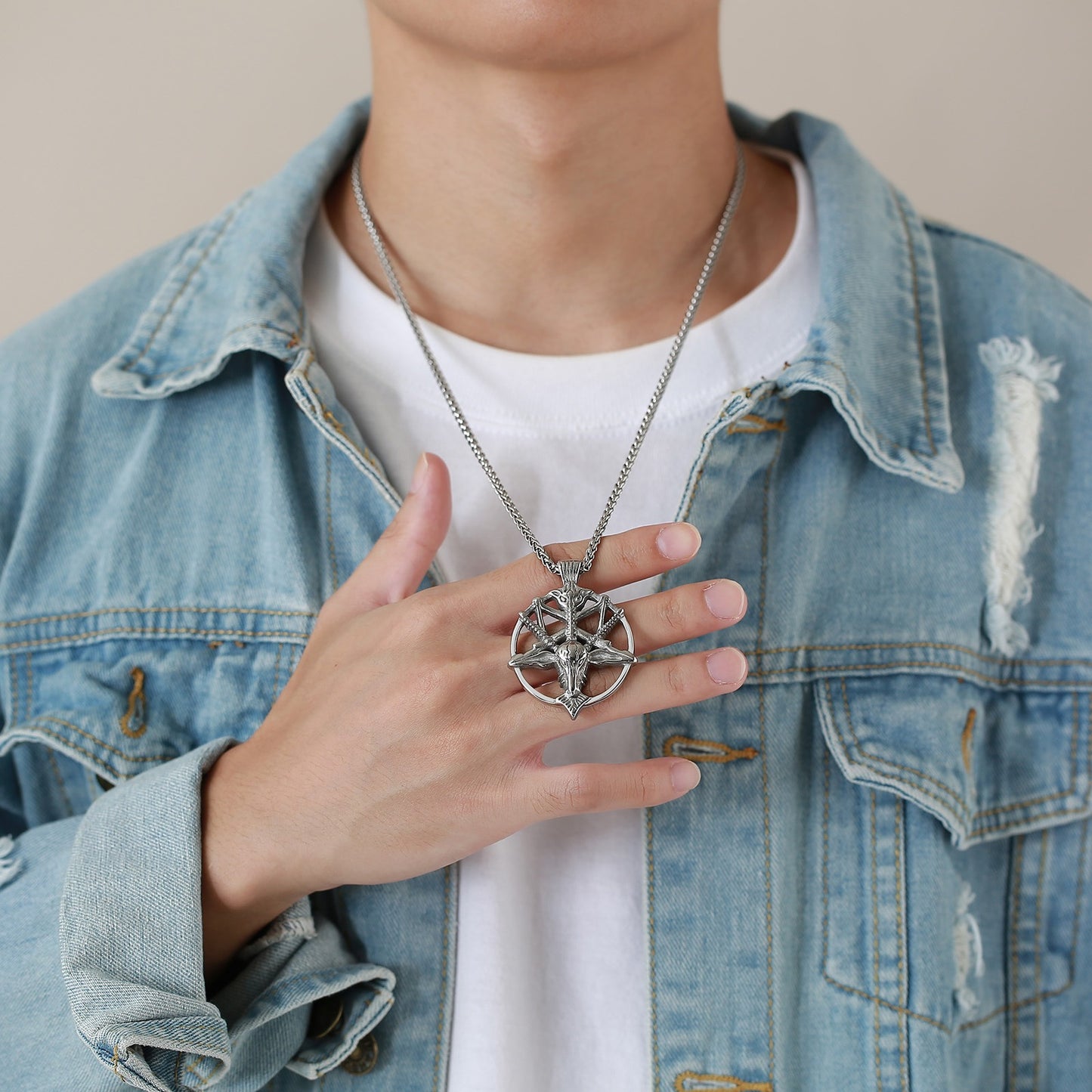 Kemstone Satanic Goat Head Pendant – Stainless Steel Gothic Pentagram Necklace PN-1266