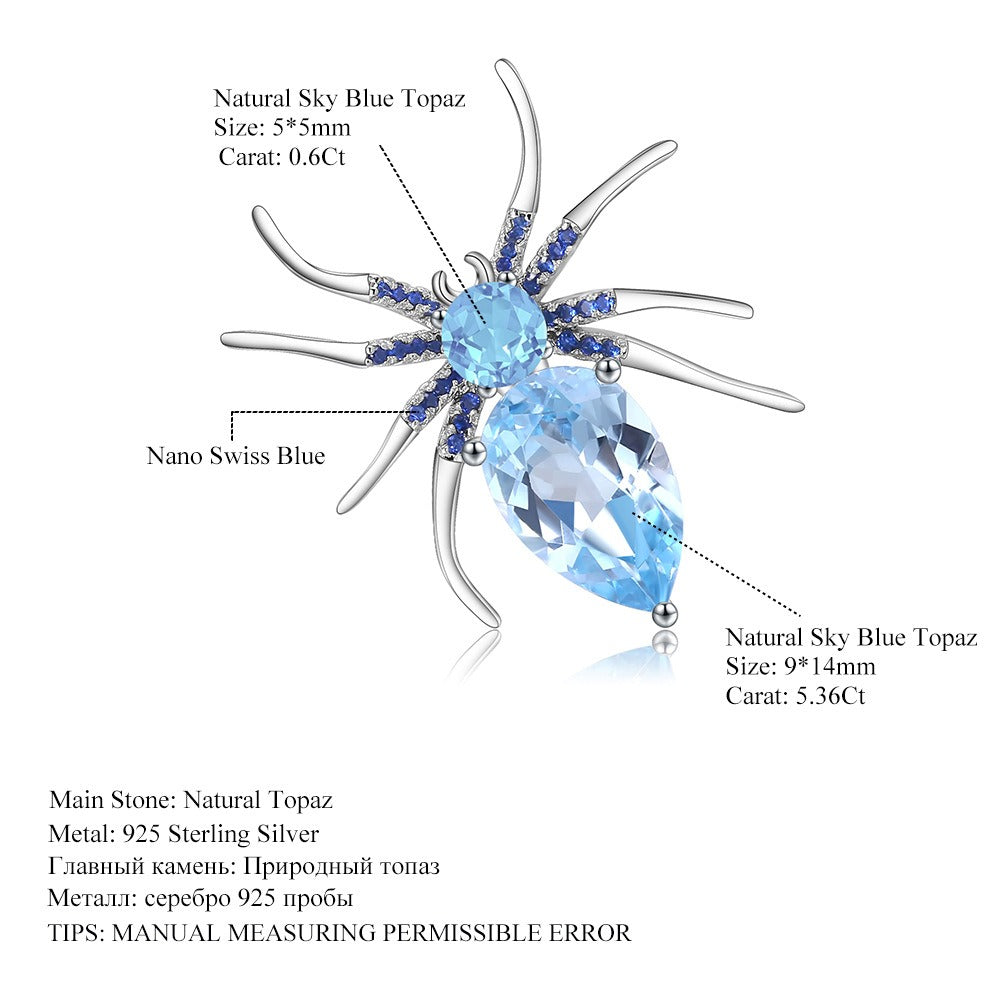 Broche de araña de plata de ley 925 con diseño original artesanal de Kemstone y topacio azul cielo de 5,36 ct - Joyería de la serie Insectos, K245024P