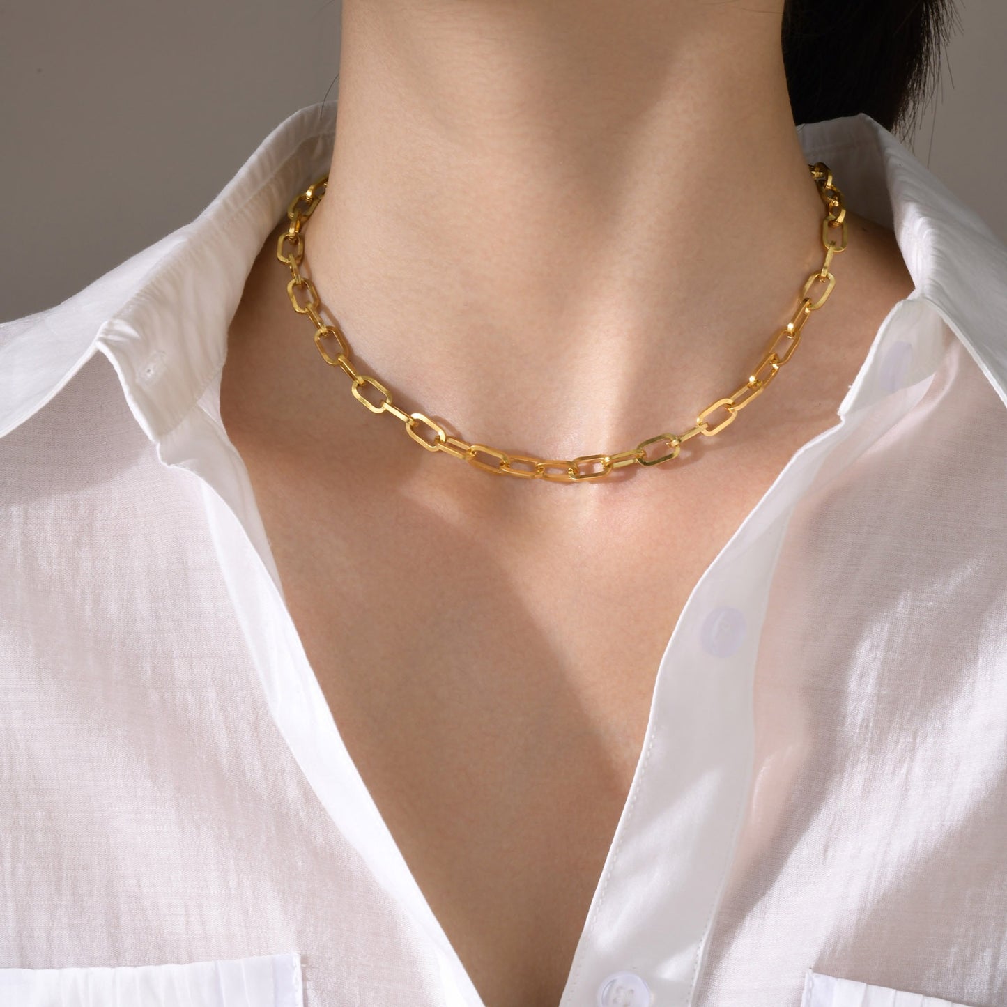 Collar de cadena de eslabones planos de acero inoxidable Kemstone - 6,5 mm, plata elegante para mujer NC-558