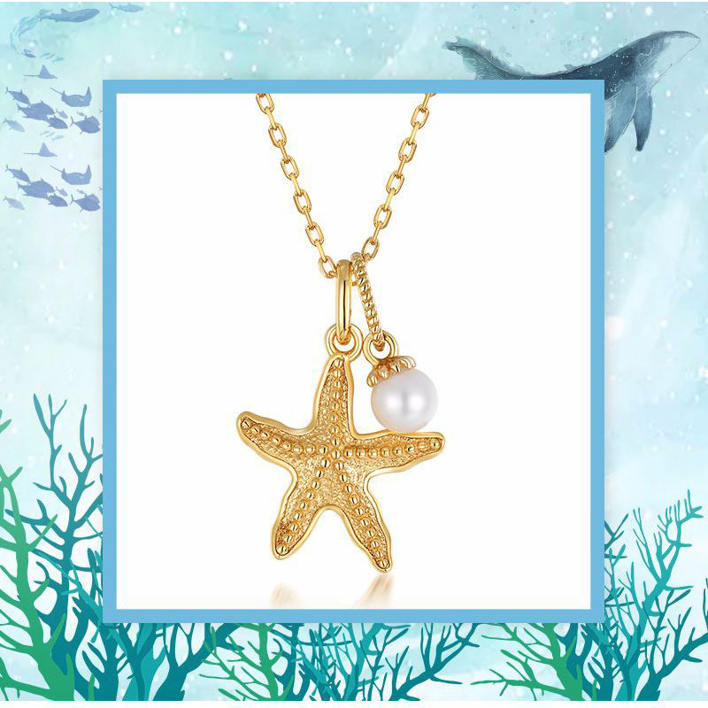 Collar de estrella de mar de verano, diseño original artesanal de Kemstone para mujer - Plata S925 con baño de oro de 9 quilates y perla natural de agua dulce, 45,7 cm