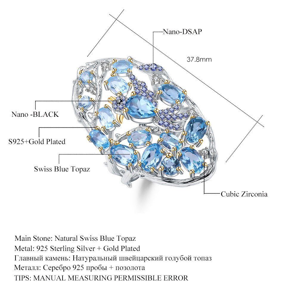 Anillo de plata de ley con diseño de nido de pájaro, bañado en oro y topacio azul suizo, hecho a mano por Kemstone, K245031R
