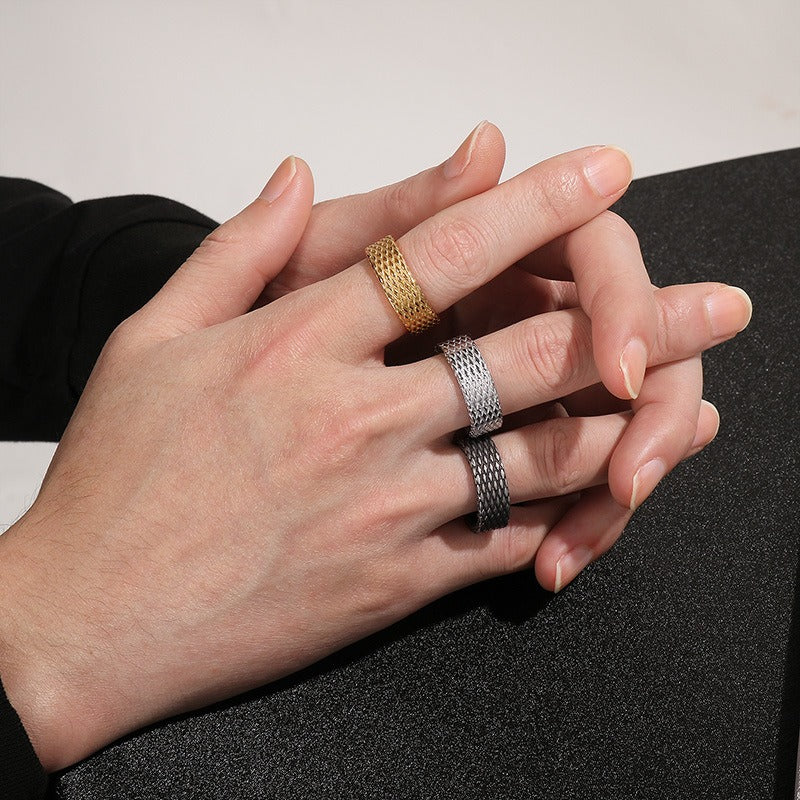 Kemstone Textured Stainless Steel Men’s Ring – Diamond Mesh Pattern, Gothic Street Style KR105816