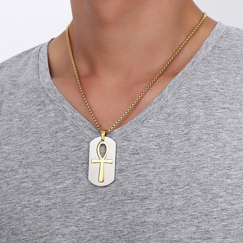 Collar con colgante de símbolo de vida Ankh de acero y titanio Kemstone - Diseño geométrico, joyería duradera para hombre PN-623