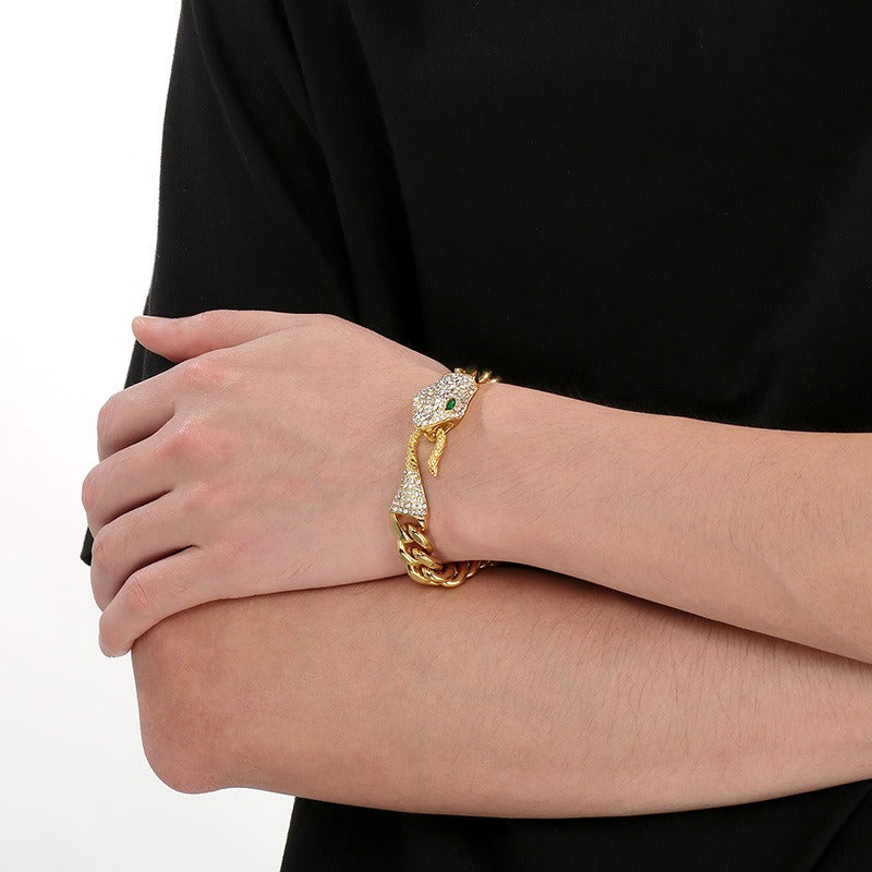 Kemstone Titanium Steel Cuban Chain Bracelet – Double-Sided Polished Hip Hop Snake Head, Green or Red Eyes KB185251