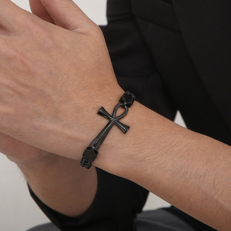 Kemstone Titanium Steel Rock 'n' Roll Dual-Weave Chain Bracelet with Vintage Cross Pendant KB164177-KFC