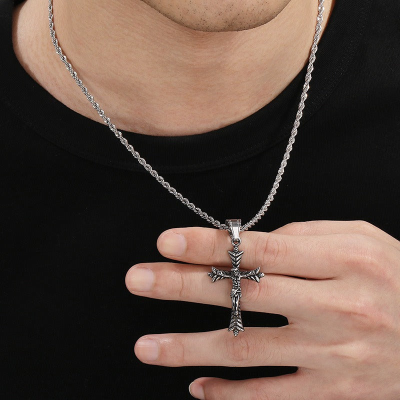 Kemstone Titanium Steel Punk Crown Cross Pendant – Vintage Hieroglyphic Engraved Necklace KP120067