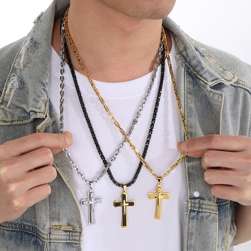 Kemstone Titanium Steel Vintage Bamboo Chain Necklace – Triple Cross Pendant for Men KN288587-K