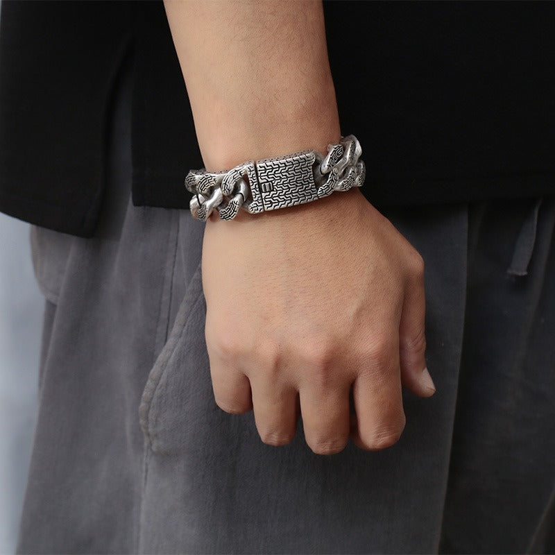 Kemstone Trident Textured Curb Chain Bracelet – Heavy Stainless Steel Viking Punk Streetwear KB179929