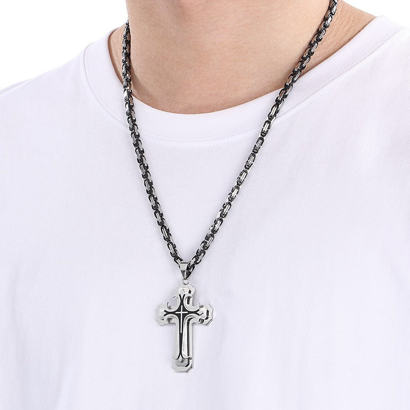 Kemstone Triple-Layer Gothic Cross Pendant Necklace – Stainless Steel Byzantine Chain KP78915