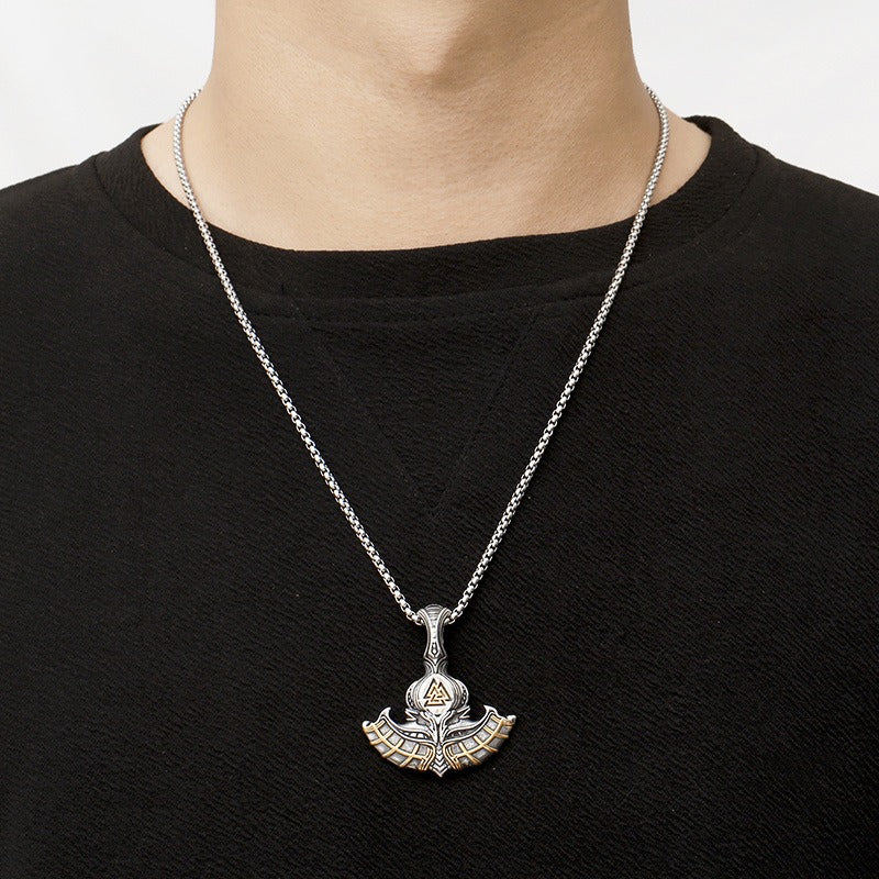 Kemstone Viking Axe Pendant – Norse Rune Engraved Stainless Steel Necklace for Men KP130641