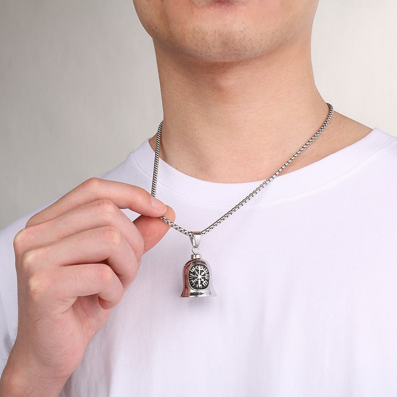 Kemstone Viking Symbol Bell Pendant Necklace for Men – Norse Masonic Cross Stainless Steel Biker Jewelry KP130935